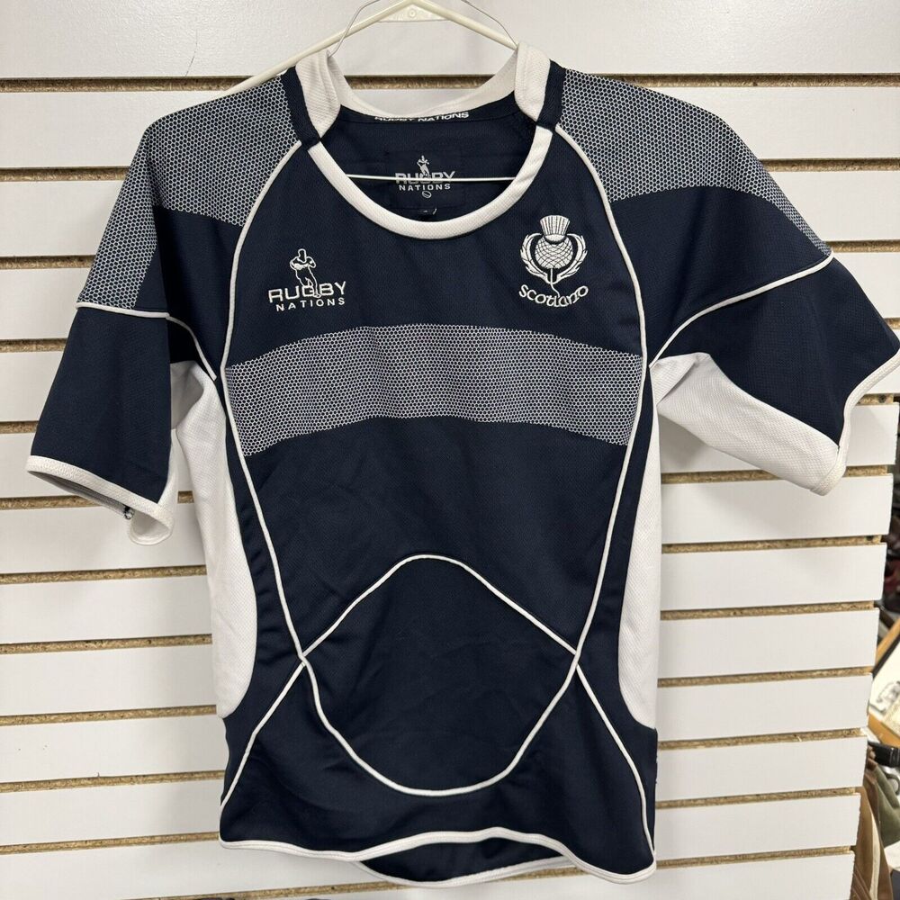 Rugby Nations Jersey Mens Size Small Navy Blue White Scotland Shirt Short Sleeve